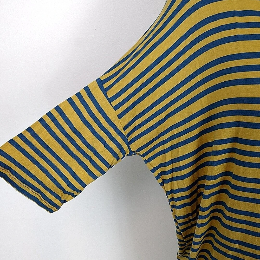LuLaRoe Irma Tunic Top Womens Small Mustard Navy Blue Striped High Low Relaxed